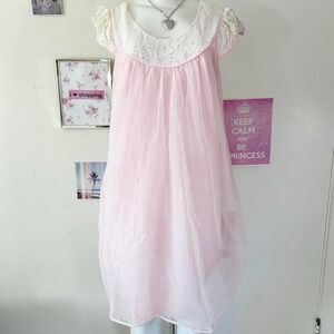 Vintage 60s Pink Sheer Nightgown Lace Trim Short Sleeve Babydoll Lingerie